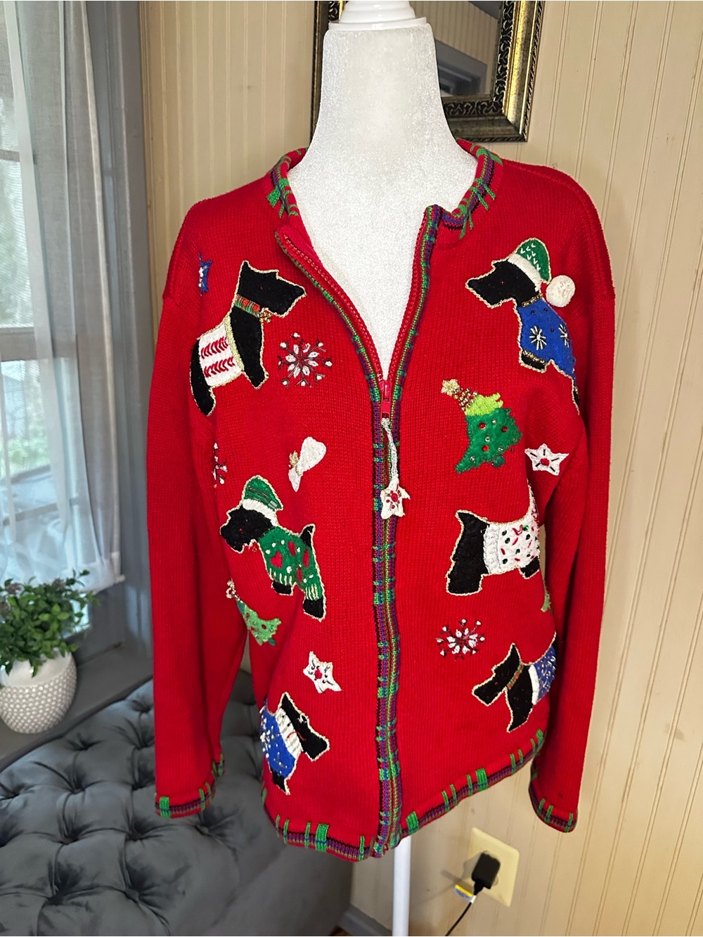 Dressbarn Christmas Sweater Womens L Scottie Dog Zip Cardigan Ugly Christmas